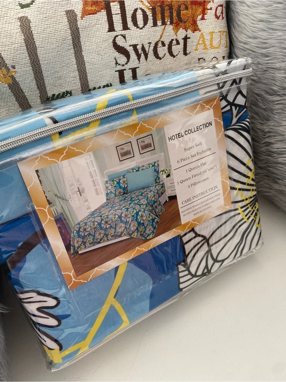 Hotel Collection Queen Sheet Set in Blue, Yellow, White